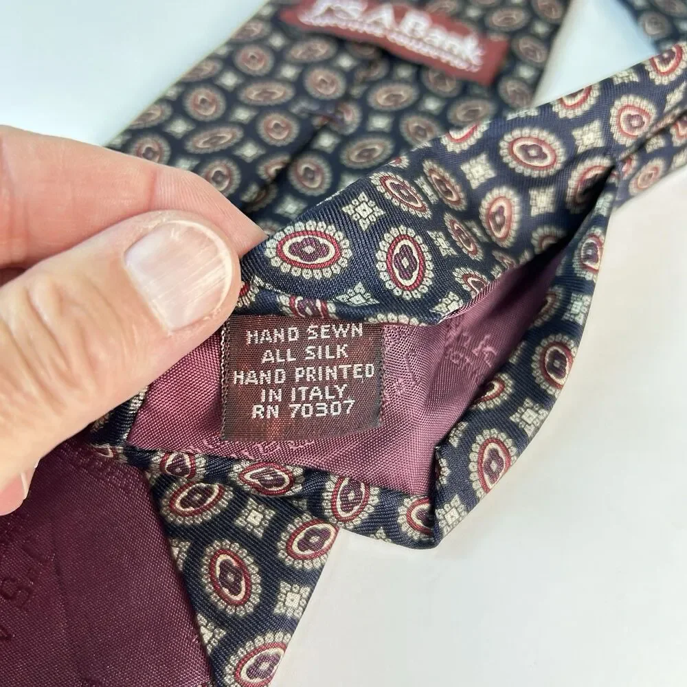 Jos. A. Bank Executive Collection Men’s Navy Gray Wine Geo Print 100% Silk Tie